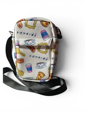 Buckle-Down White Small Crossbody Bag with Multicolor Friends Pattern